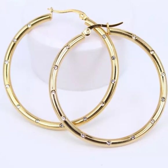 Gold Plated Crystal Hoop‎ 1.5" Earrings - Picture 2 of 10